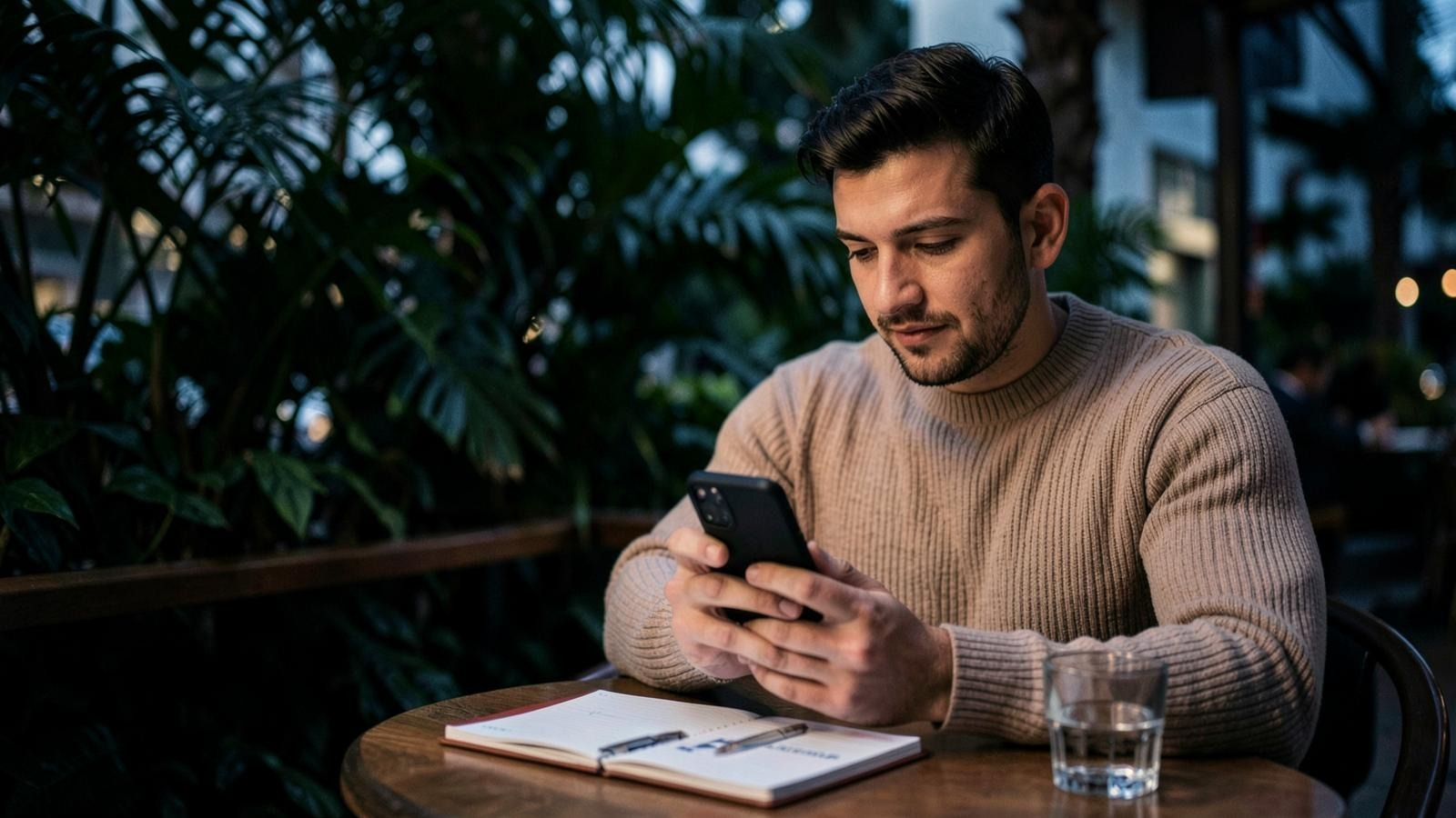 A customer using a smartphone while seated at a table