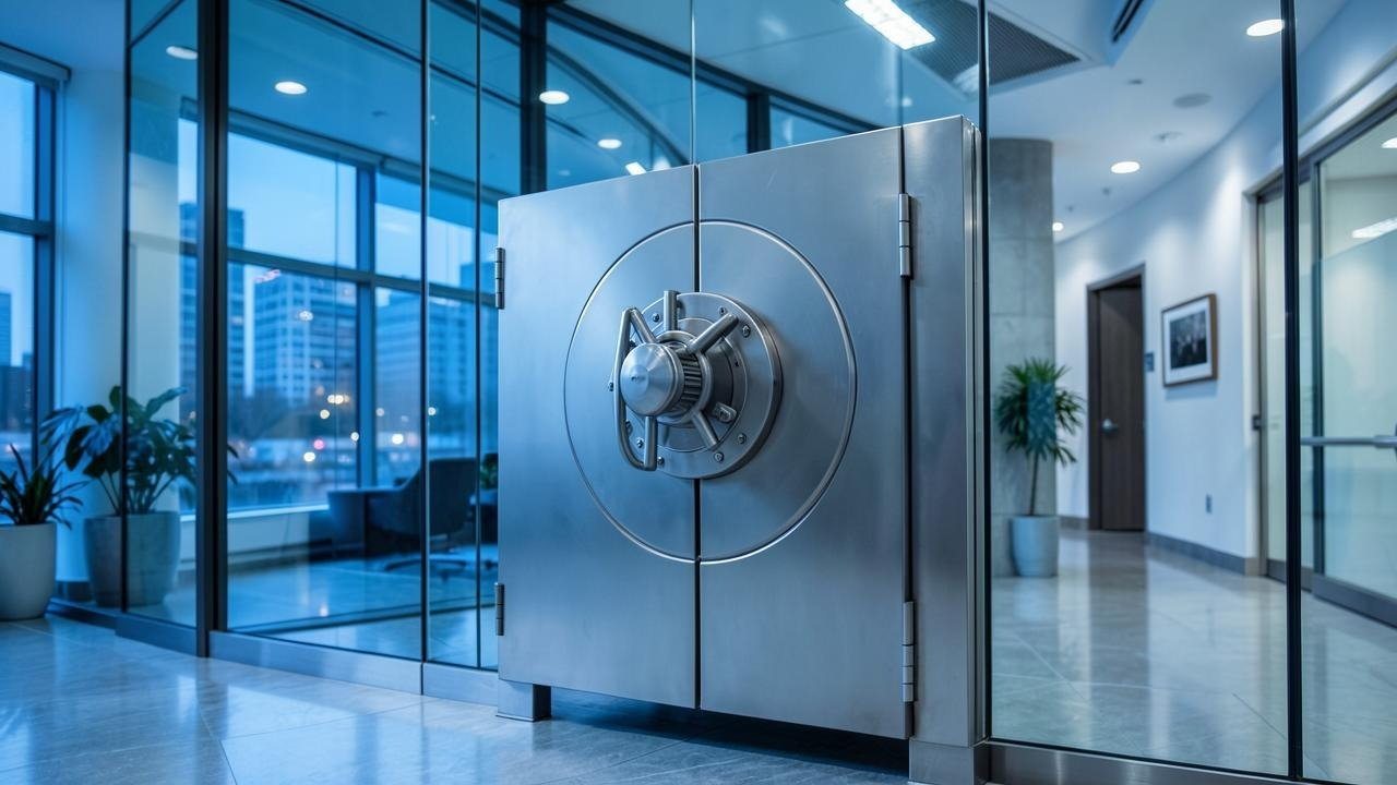 A steel bank vault standing inside a modern glass office