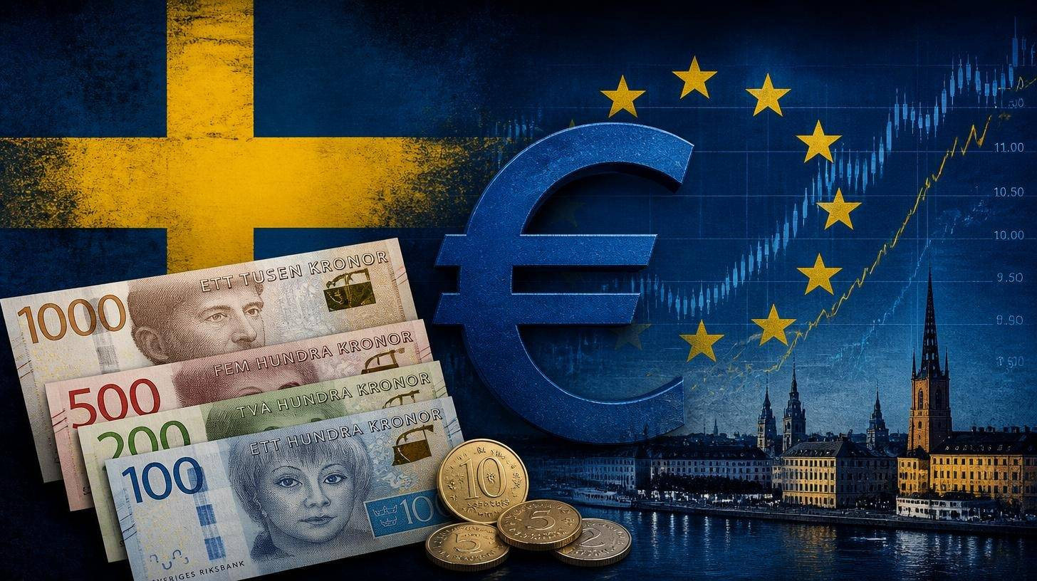 Swedish banknotes beside a euro symbol and European market chart